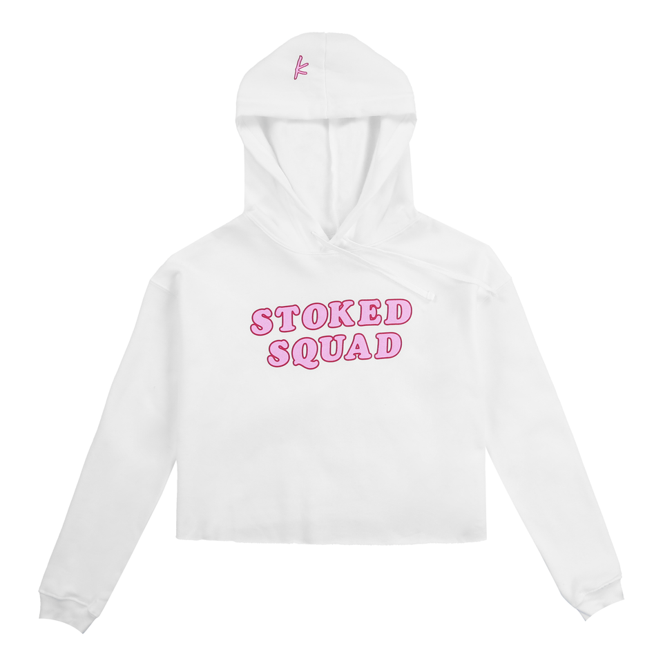 Stoked Squad Cropped Hoodie (White/Pink)