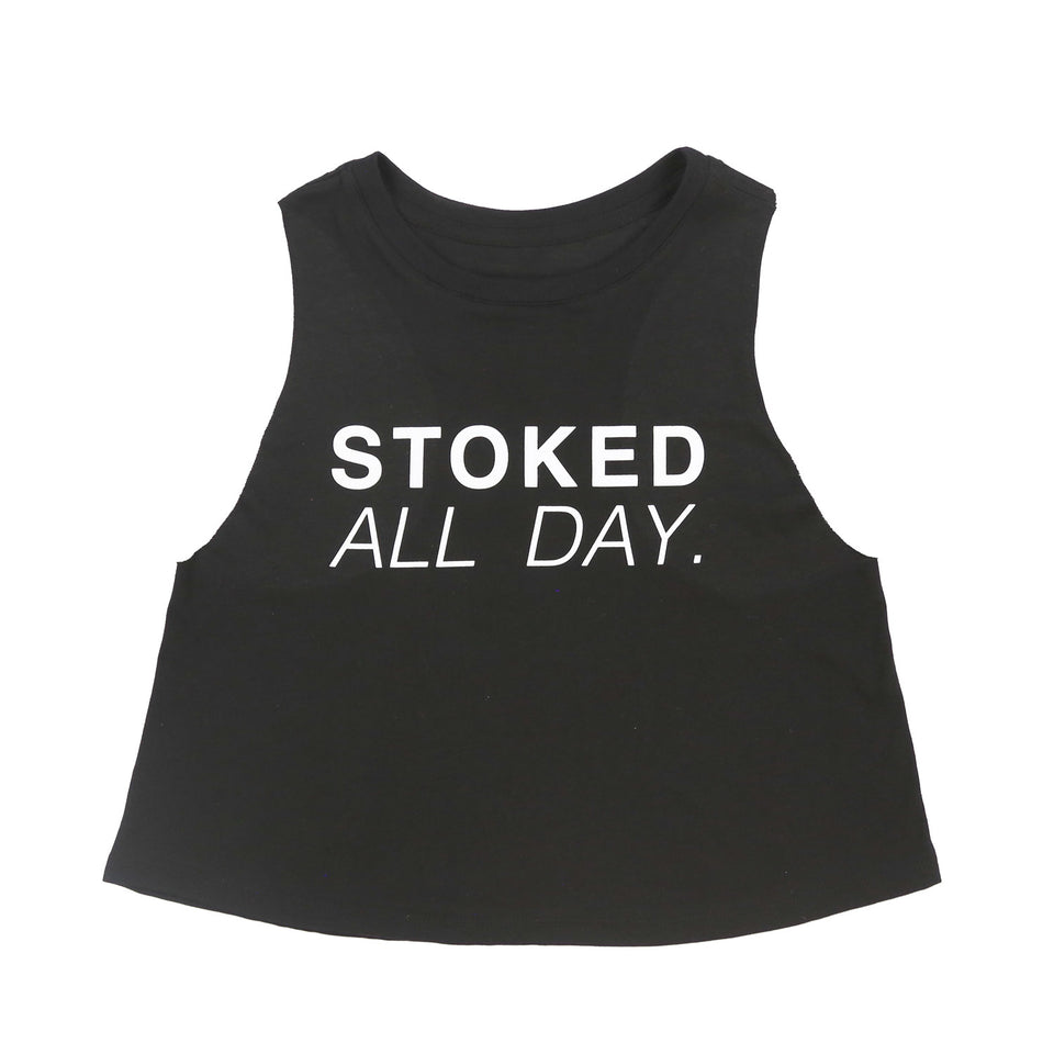 Stoked All Day Cropped Racerback Tank (Black / White)