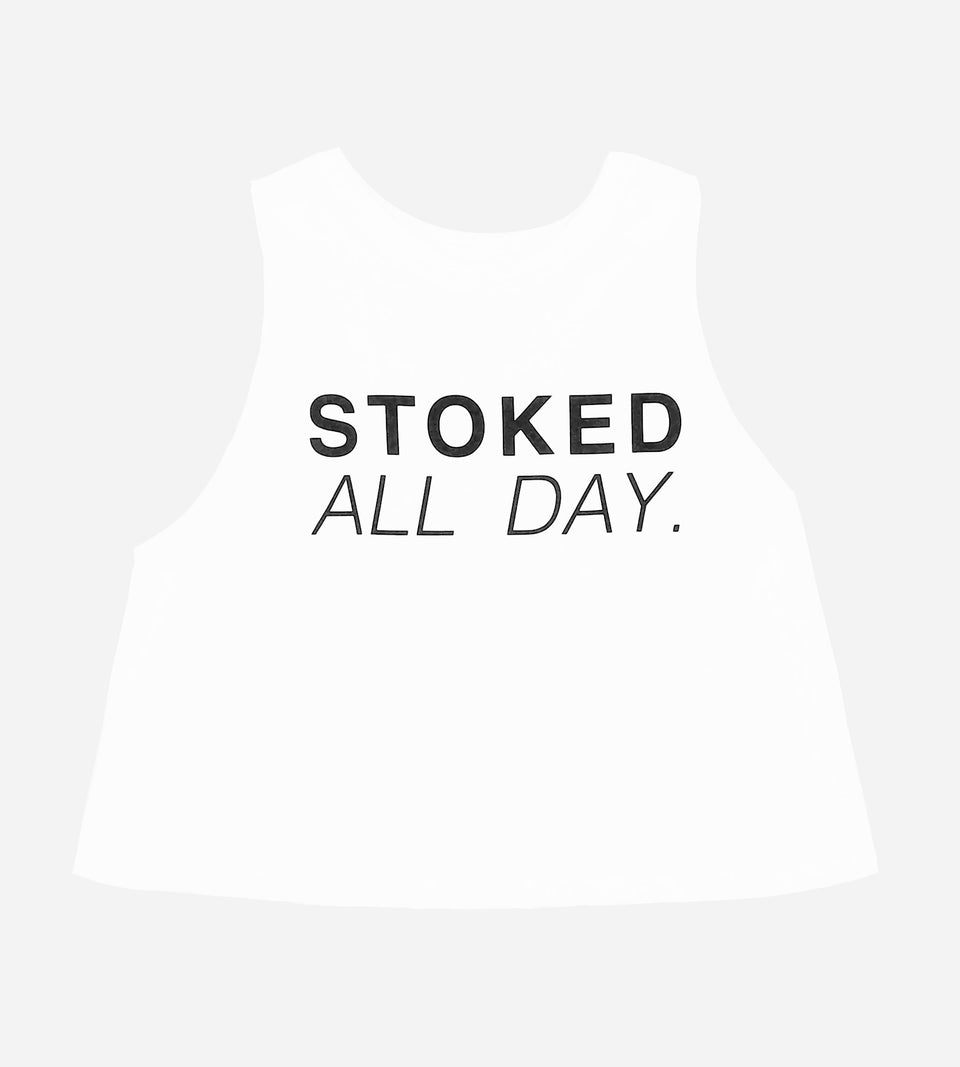 Stoked All Day Cropped Racerback Tank (White / Black)