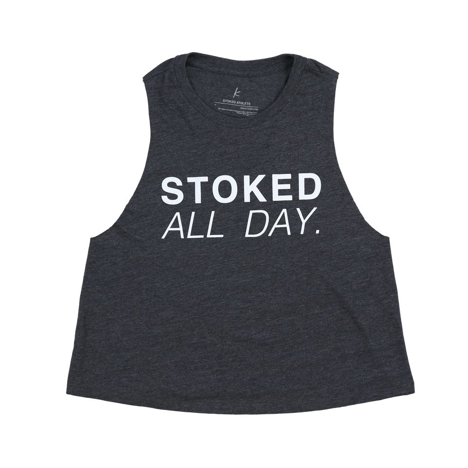 Stoked All Day Cropped Racerback Tank (Charcoal/White)