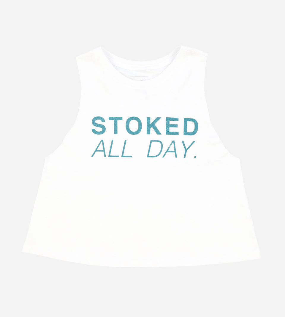 Stoked All Day Cropped Racerback Tank (White / Green)